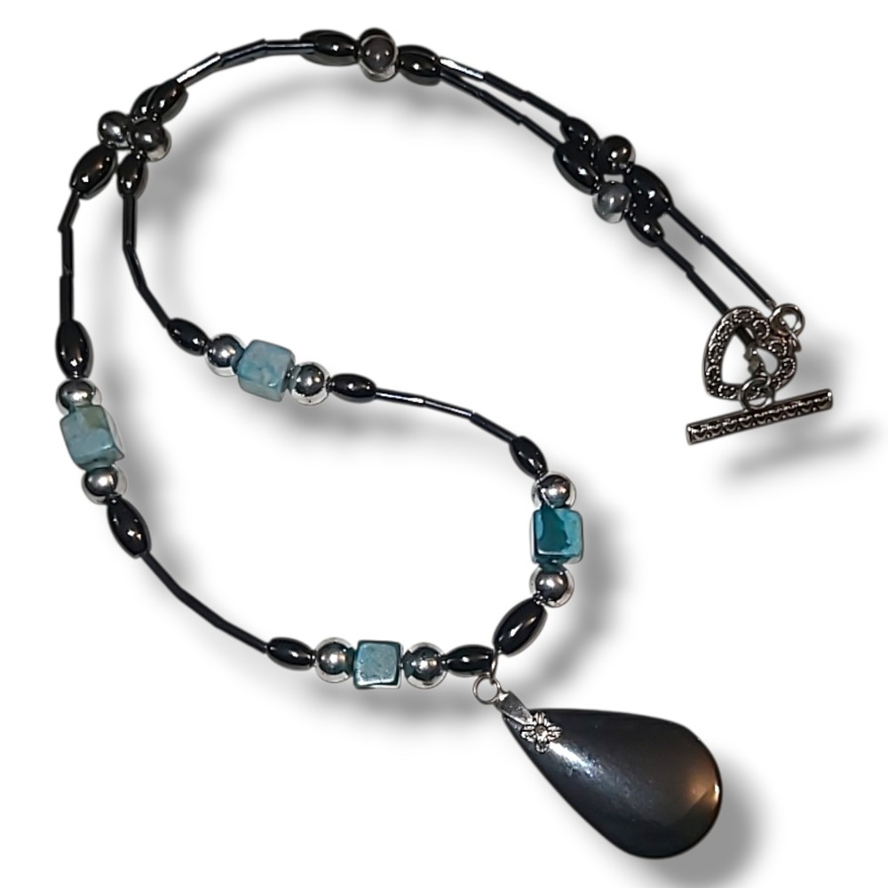 Hematite Teardrop Pendant Necklace 18in Hematite Beads Turquoise Stone Squares